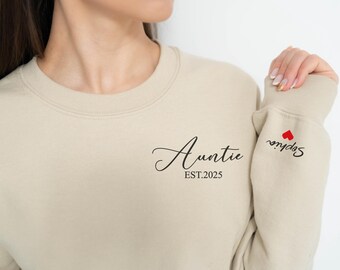 Custom Auntie Sweatshirt, Pregnancy Reveal, Personalized Aunt Hoodie With Nieces Nephews Names On Sleeve, Mothers Day Gifts, Aunt Gift