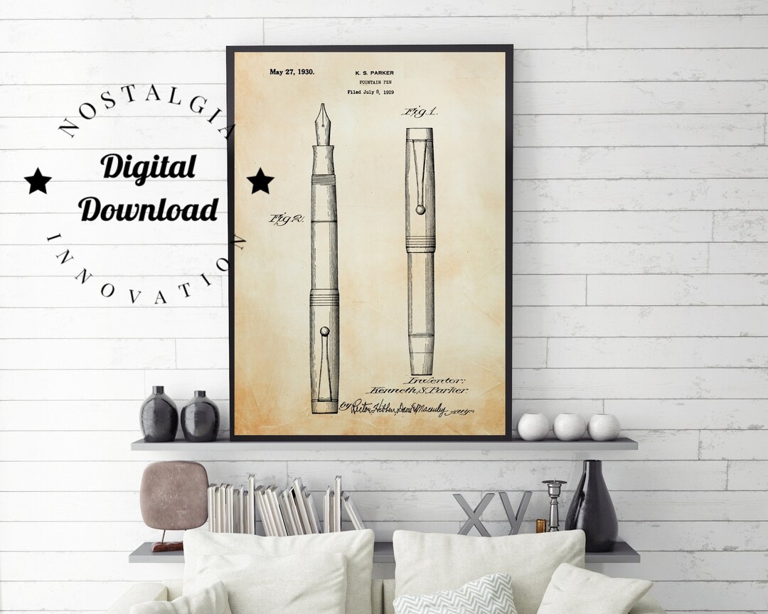 Fountain Pen Wall Art Patent Print Downloadable Poster Bestselling Home Decor Writer & Book