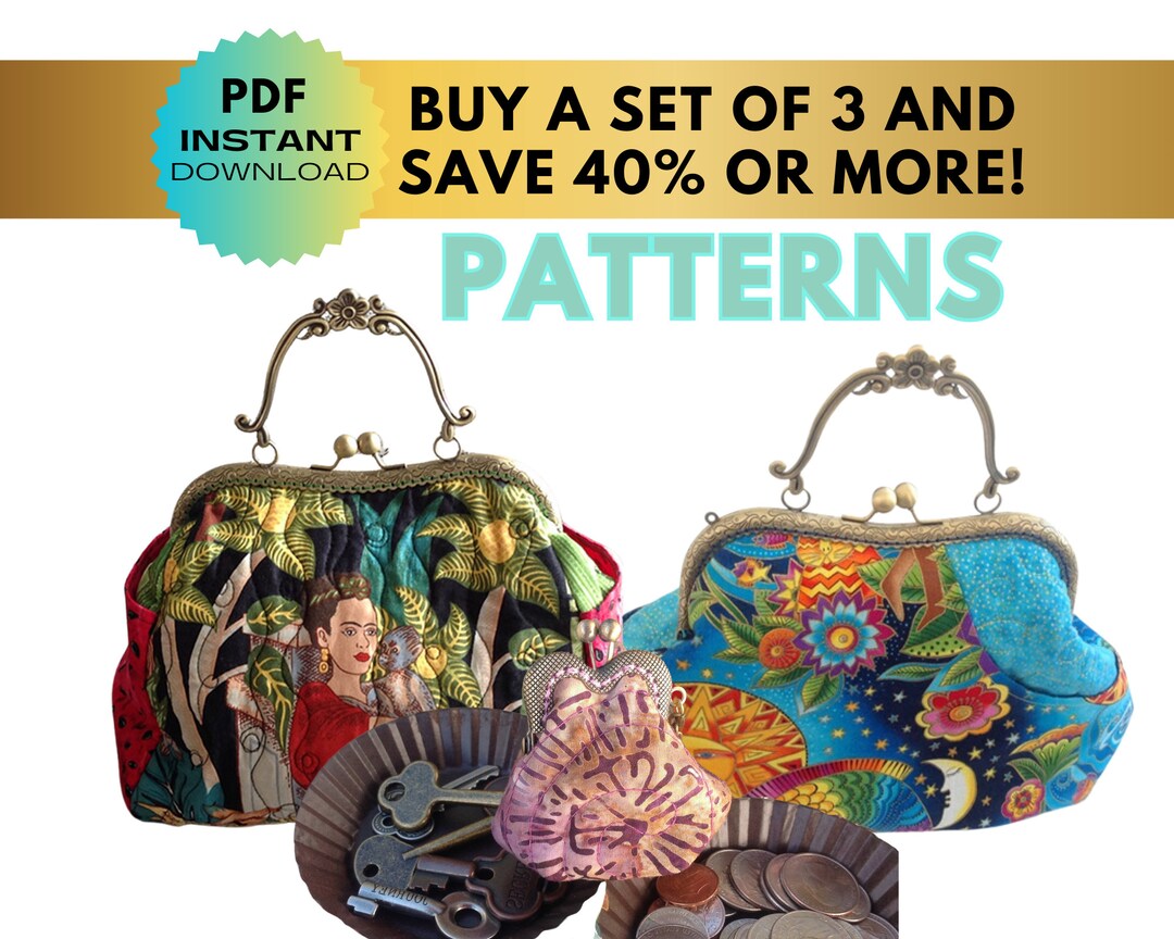 Instant PDF Download Sewing Pattern for Kiss Clasp Bag Template Buy a Set of 3 and Save 40% or ...