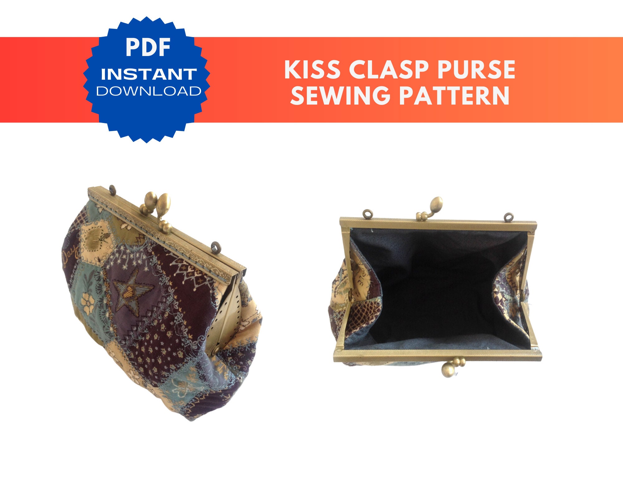 Instant PDF Download Sewing Pattern for Purse With Kiss Clasp Illustrated Instructions for ...