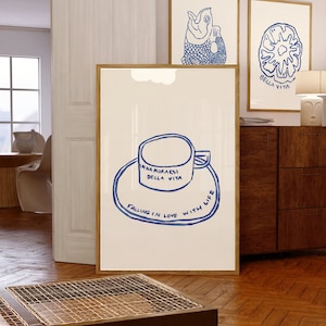 ティーアートプリント、ビストロカフェの壁アート、ブルーラインアートイラスト、レトロフードポスター、ビンテージコーヒーアート、バーカートプリント、イタリアローマアート