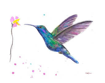 Hummingbird Watercolor Art Print, Modern Floral Wall Decor