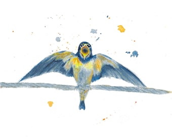 Watercolor Swallow Print, Swallows Ready To Migrate In Italy,  Nature Animal Art Singing Bird Nature Fine Art Picture With Splatters