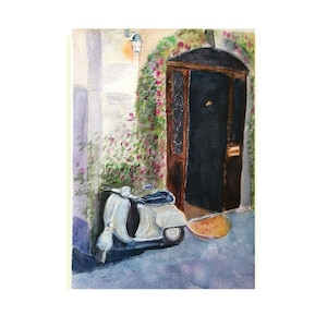Vespa In Rome Doorway At Dusk, Italian Scooter Picture, Rome Watercolour Pring