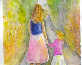 Mother and Daughter Watercolor Art Print, Gift for Mom