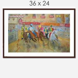 Palio Siena Das berühmte Pferderennen in der Toskana, Italien Aquarell gerahmter Druck Fine Art Pferderennen Matte Papier Druck Poster
