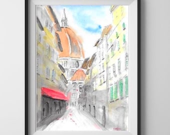 Florence Duomo Watercolor Print, Italy Architecture Art