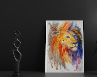 Colorful Lion Watercolor Print | Expressionist Wildlife Art From Original Watercolour