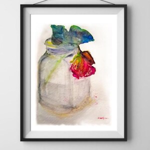Impresión de acuarela de rosa, de la pintura original "Fin del verano", impresión de acuarela de bellas artes, imagen de un capullo de rosa roja rosada