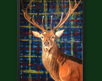 Scottish Stag Art Print, Tartan Background, Highland Theme