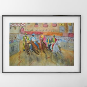 Palio Siena, la famosa carrera de caballos de la Toscana, Italia. Impresión en acuarela. Póster con impresión en papel mate.