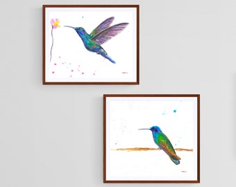 Set Of 2 Watercolor Hummingbird Prints, One Hummingbird On A Branch & The Other Hummingbird With Flower Two Piece Modern Nature Print Decor
