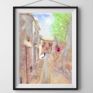 Eze, stampa ad acquerello del villaggio di Eze sulla Costa Azzurra, Costa Azzurra, sud della Francia, stampa giclée su carta pesante del villaggio francese di Ezé
