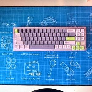 May include: A blue desk mat with a grid pattern and white line drawings of eye exam tools, a lavender keyboard with green keys, and a lavender mouse. The keyboard and mouse are on the mat.