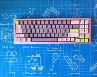 May include: A blue desk mat with a grid pattern and white line drawings of eye exam tools, a lavender keyboard with green keys, and a lavender mouse. The keyboard and mouse are on the mat.