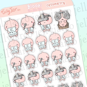 May include: A set of 18 pink and white cartoon stickers featuring a character with a pink head and a white body. The character is wearing a white lab coat and is holding various eye-related objects, such as an eye chart, an eye exam tool, and an eye chart. The stickers are designed for use in an optometrist's office or for personal use.