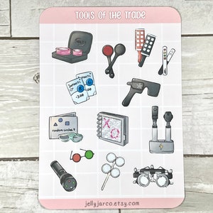 May include: A set of 10 stickers featuring tools of the trade for an optometrist. The stickers are on a pink background with a white grid. The stickers include an eye chart, an eye exam tool, a pair of glasses, a contact lens case, and more.