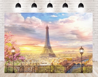European City Oil Painting Pink Flowers Backdrops Paris Eiffel Tower Building Photography Backgrounds for Wedding Photo Booth Props
