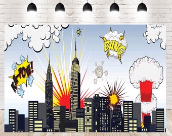 Superhero Cityscape Photography Backdrop: Birthday Party Photo Booth