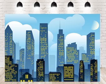 City Skyline Photography Backdrop: Birthday Party Photo Booth Prop