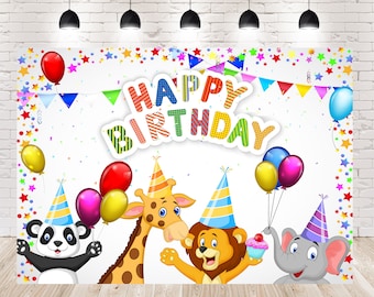 Banner de Feliz Aniversário para Chá de Bebê, Cenário Fotográfico para Cabine de Fotos, Estúdio Fotográfico com Animais Fofos, Fundos Infantis para Festas Infantis