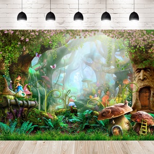 Dibujos animados Magia Cuento de hadas Bosque Árbol Foto Fondos Cabina Fotografía Champiñones Flores Butterfies Fondos de estudio para niños Accesorios