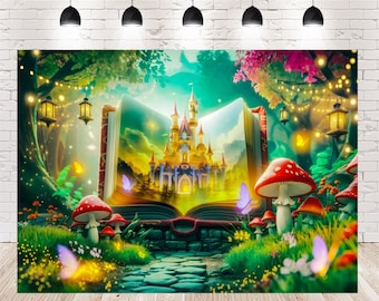 Toile de fond photographique de château de champignons : forêt, papillon, fête d'anniversaire
