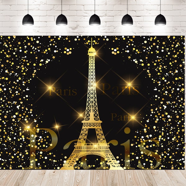 Eiffel Tower Paris Building Gold Photo Backdrops Booth Photography Glitter Black Studio Backgrounds for Wedding Party Props