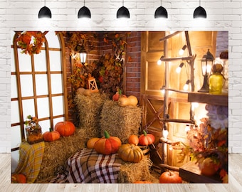 Autumn Harvest Photo Backdrop: Pumpkin, Maple Leaf, Haystack Studio