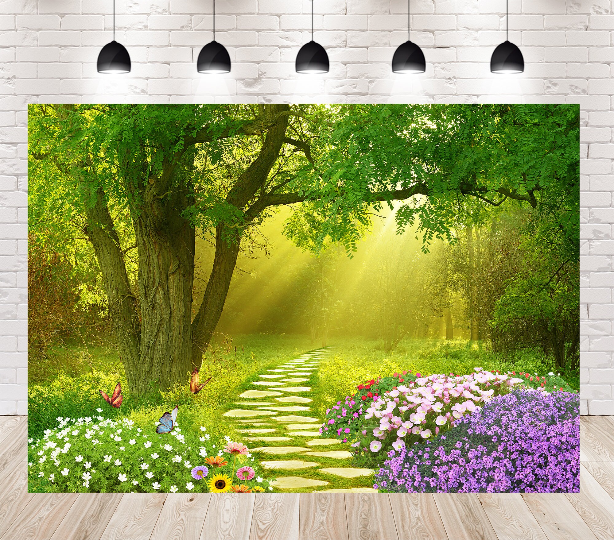 Sunny Forest Tree Photo Backdrops Booth Pastoral Path Photography Flowers and Butterflies Studio Backgrounds for Natural Scenery Props