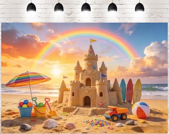 Toile de fond photo coucher de soleil plage château de sable fond arc-en-ciel été océan enfants gâteau d'anniversaire smash piscine fête photographie accessoire