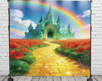 Toile de fond Le Magicien d'Oz Château arc-en-ciel Route de briques jaunes Conte de fées pour enfants Toile de fond pour photographie