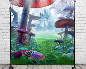 Cenário fotográfico de castelo de cogumelos, festa de aniversário de floresta de fantasia