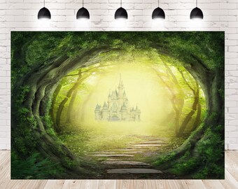 Cenário fotográfico de castelo na floresta, acessório para festa de aniversário de recém-nascido