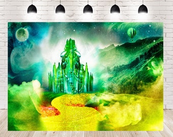 Cenário fotográfico da Cidade Esmeralda: Universo de fantasia, céu estrelado, lua