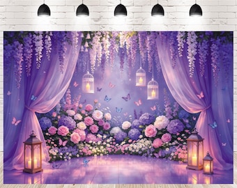 Toile de fond photo violet glycine rideau floral fond douche nuptiale rose hortensia papillon lanterne mariage anniversaire photomaton accessoire