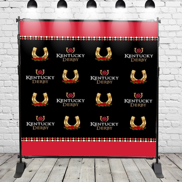 Kentucky Derby Red Roses Flowers Photo Backdrops Booth Black Golden Horseshoes Steps and Repeat Photography Studio Backgrounds for Birthday