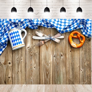 Oktoberfest Bavarian White Blue Fabric Photo Backdrops Soft Pretzel Wooden Wall Booth Photography Studio Backgrounds for Rustic Party Props