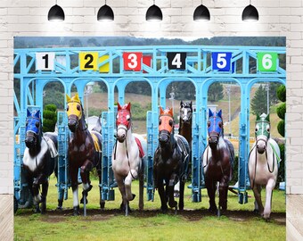 15x10ft Horse Race Event Backdrop Room Art Mural Photography Background Jockeys and Racing Horses Photo Booth Props LHFU774