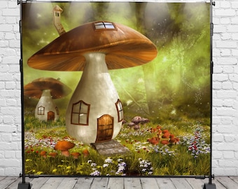 Cenário fotográfico de casa de cogumelo: fotografia de festa de aniversário na floresta