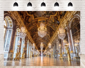 Cenário fotográfico do Salão de Versalhes | Palácio Dourado, Decoração com Lustres