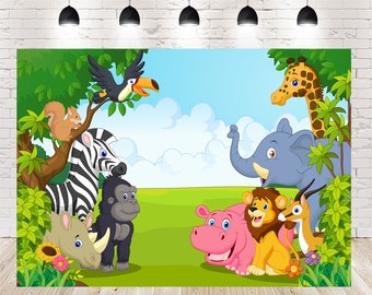 Cenário de aniversário com desenho de animais da selva: cabine de fotos para chá de bebê