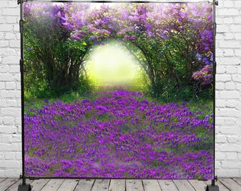 Fleur pourpre enchantée arche toile de fond printemps floral conte de fées jardin photographie arrière-plan romantique mariage anniversaire enfants photomaton accessoire