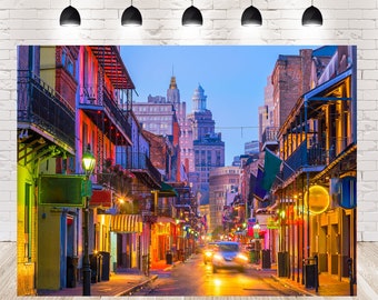 Cenário do French Quarter de Nova Orleans: pubs e bares de neon, fotografia em vinil