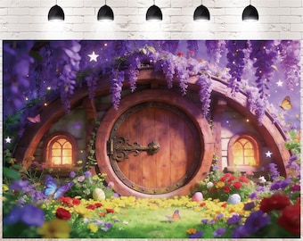 Toile de fond photo maison de hobbit enchantée jardin de fleurs fond papillon lavande enfants anniversaire nouveau-né accessoire