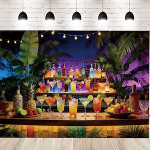 May include: A tropical bar scene featuring a wooden counter with various colourful cocktails in glassware, a bowl of fresh strawberries and pineapple chunks, and a back bar shelf stocked with numerous liquor bottles under string lights.