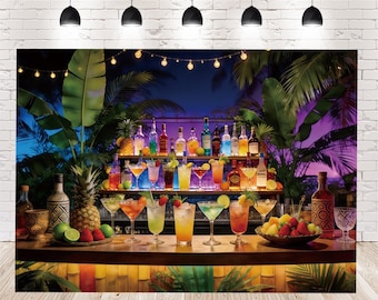 Toile de fond photo nuit tropicale tiki bar cocktail coloré fond feuille de palmier ananas guirlande lumineuse été fête d'anniversaire photomaton accessoire