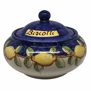 Cookie Jar | Hand Painted Lemon Design | Ceramic Kitchen Canister with Lid | Italian Biscotti | Pottery Made in Italy | Vietri Amalfi Coast