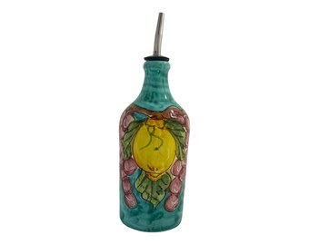 Botella de aceite de oliva de cerámica pintada a mano: Decantador italiano de limón y uva