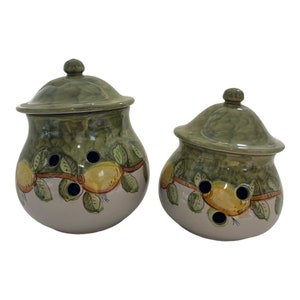 Puede incluir: Dos botes de cerámica con tapas, decorados con un motivo de limón verde y blanco. Los botes tienen agujeros para guardar hierbas o especias.